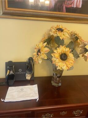 New Versace Black and Gold Medusa Buckle Slingback Heels
